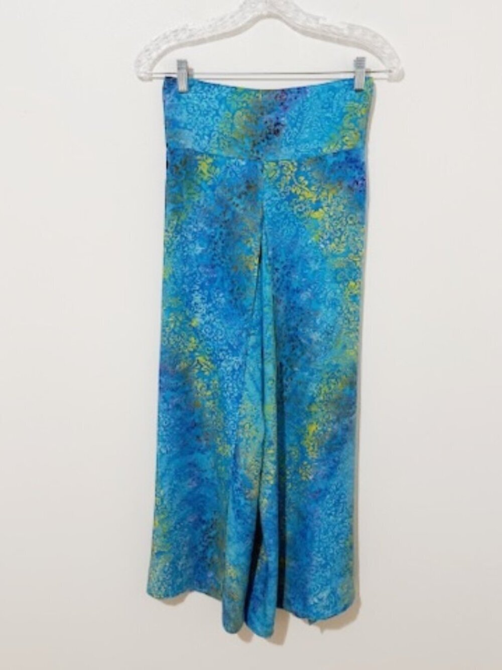 Batik-Style Wide Leg Blue Palazzo Tulip Pants Boho Hippie Festival Size M